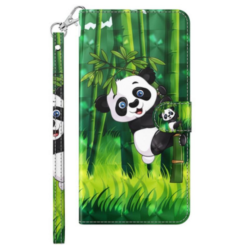 Fliptok / Bőrtok iPhone 15 Plus szíjjal 3d Bambusz Panda Szíjjal