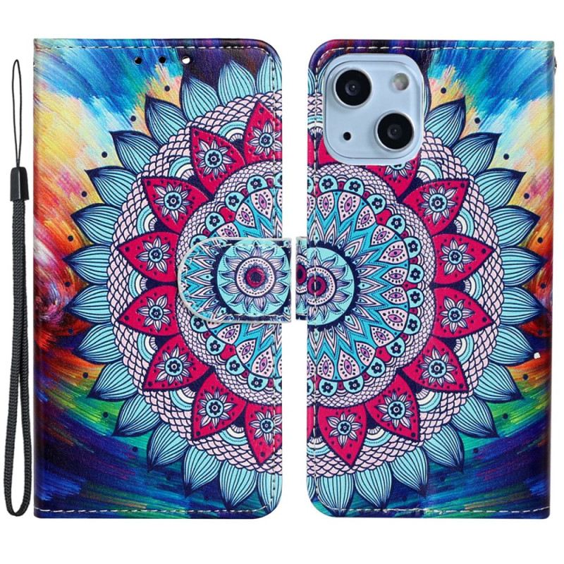 Fliptok / Bőrtok iPhone 15 Plus szíjjal Színes Mandala Szíjjal