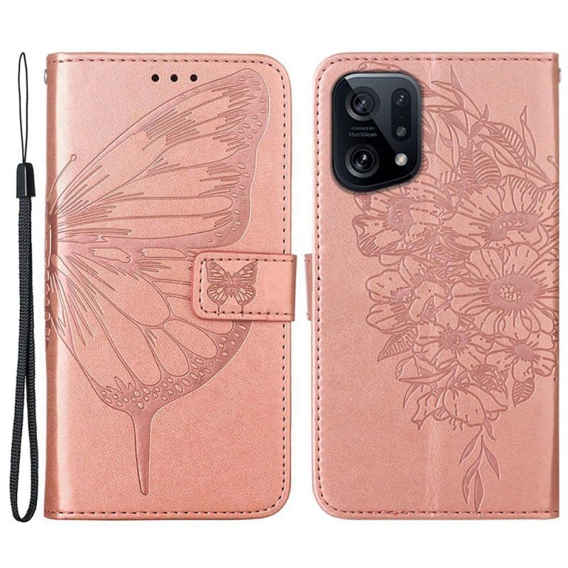 Fliptok / Bőrtok Oppo Find X5 Butterfly Design Zsinórral