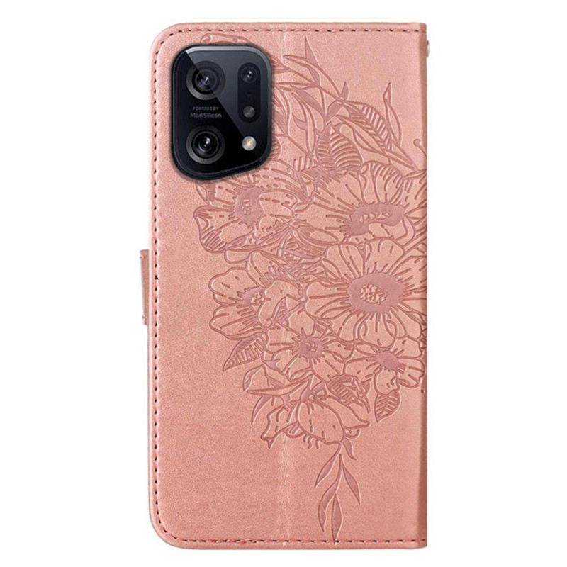 Fliptok / Bőrtok Oppo Find X5 Butterfly Design Zsinórral