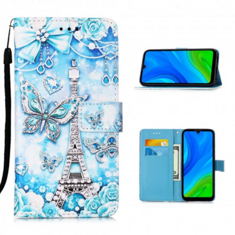 Fliptok / Bőrtok Huawei P Smart 2020 szíjjal Eiffel-torony Pillangószíj