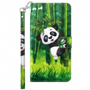 Fliptok / Bőrtok Xiaomi Redmi 10A szíjjal Bambusz Panda Nyakpánttal