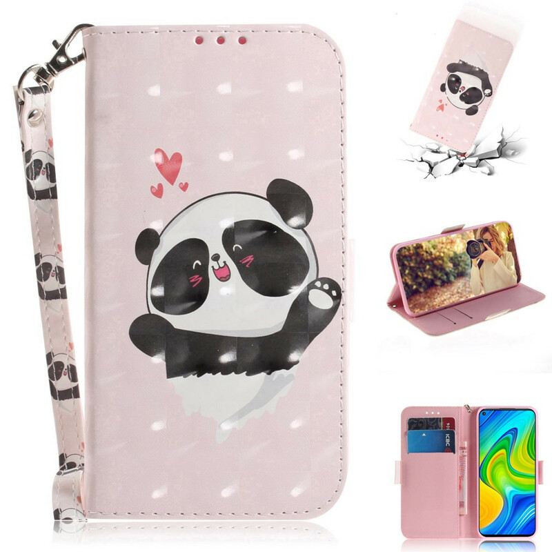 Fliptok Xiaomi Redmi Note 9 szíjjal Panda Love With Lanyard