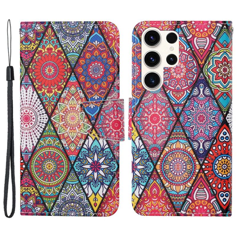 Kinyitható Bőrtok Samsung Galaxy S24 Ultra 5g Patchwork Szíjjal