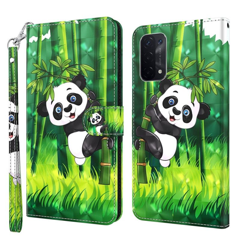 Fliptok / Bőrtok Oppo A54 5G / A74 5G szíjjal Panda És Bambusz Nyakpánttal