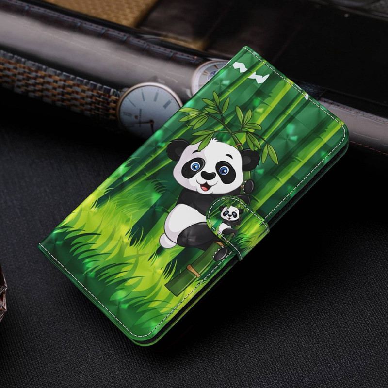 Fliptok / Bőrtok Oppo A54 5G / A74 5G szíjjal Panda És Bambusz Nyakpánttal