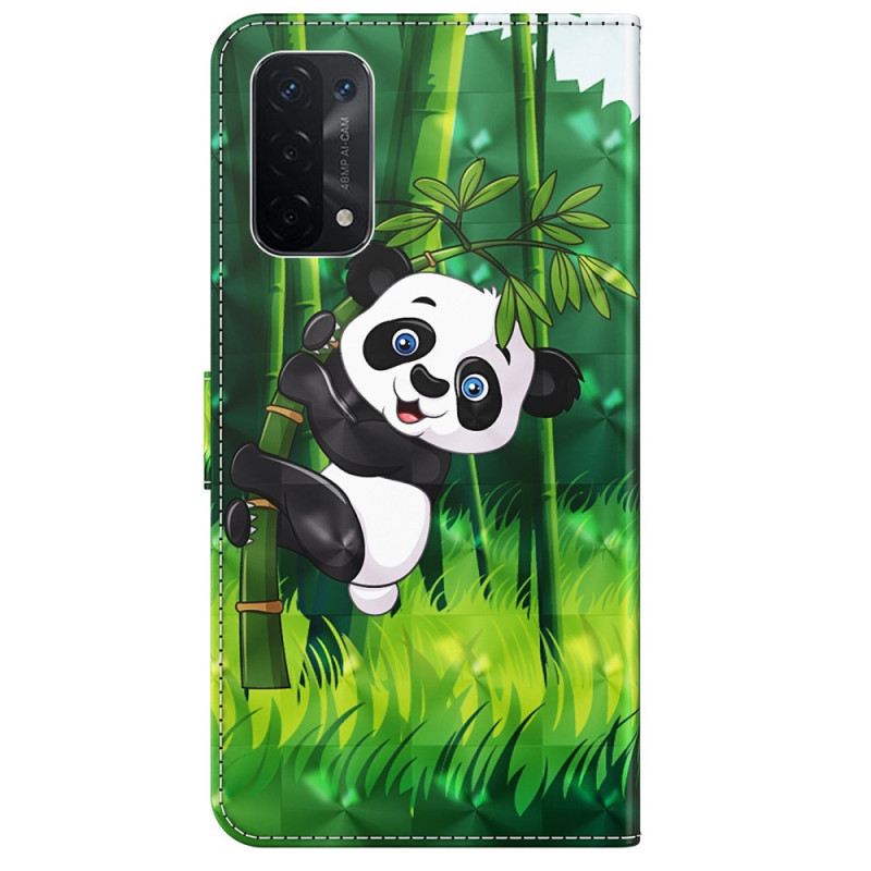 Fliptok / Bőrtok Oppo A54 5G / A74 5G szíjjal Panda És Bambusz Nyakpánttal