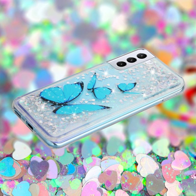 Mobiltelefon Tokok Samsung Galaxy S24 Plus 5g Kék Pillangók Folyékony Glitter