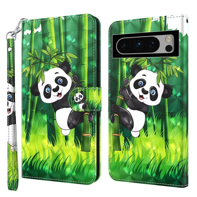 Bőrtok Google Pixel 8 Bambusz Panda Szíjjal