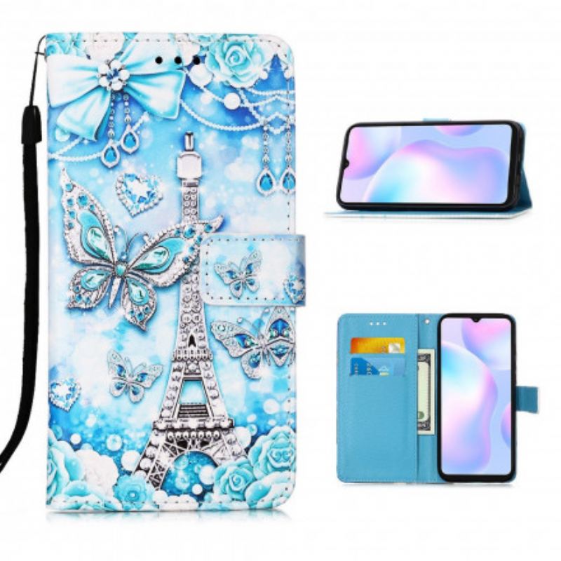 Fliptok / Bőrtok Xiaomi Redmi 9A szíjjal Eiffel-torony Pillangószíj