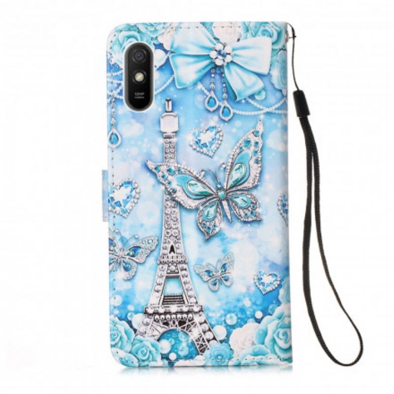 Fliptok / Bőrtok Xiaomi Redmi 9A szíjjal Eiffel-torony Pillangószíj