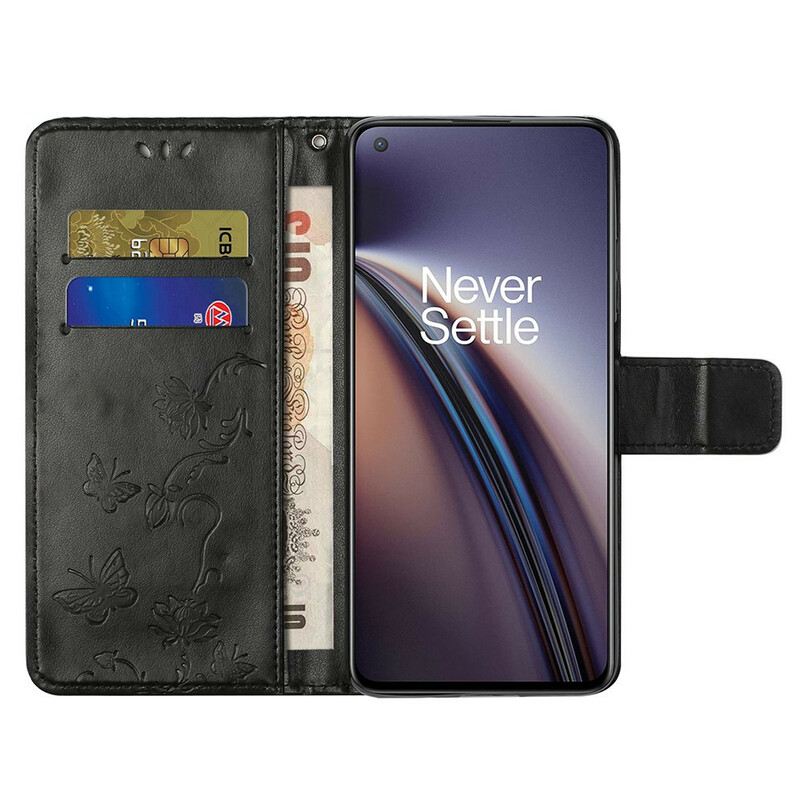 Fliptok OnePlus Nord 2 5G szíjjal Tanga Pillangók És Virágok