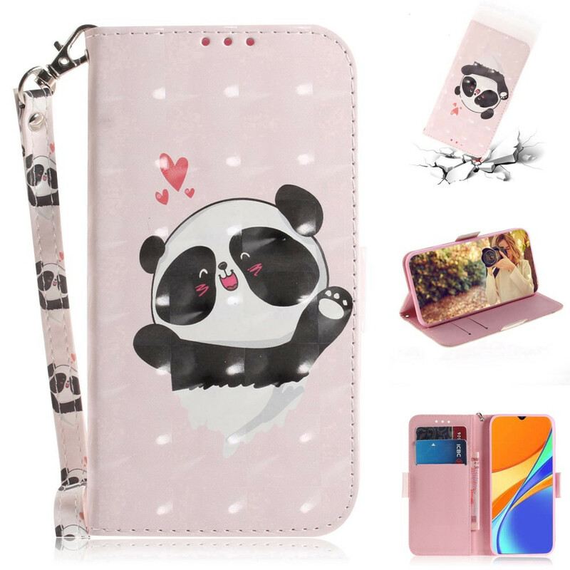 Fliptok / Bőrtok Xiaomi Redmi 9C szíjjal Panda Love With Lanyard