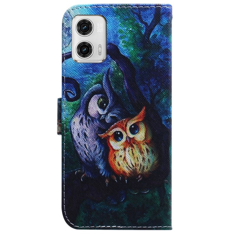 Fliptok / Bőrtok Moto G73 5G szíjjal Pántos Baglyok Festmény