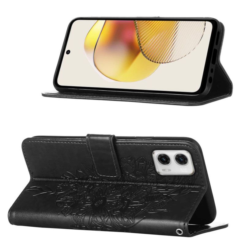 Fliptok / Bőrtok Moto G73 5G szíjjal Pántos Virágos Pillangó