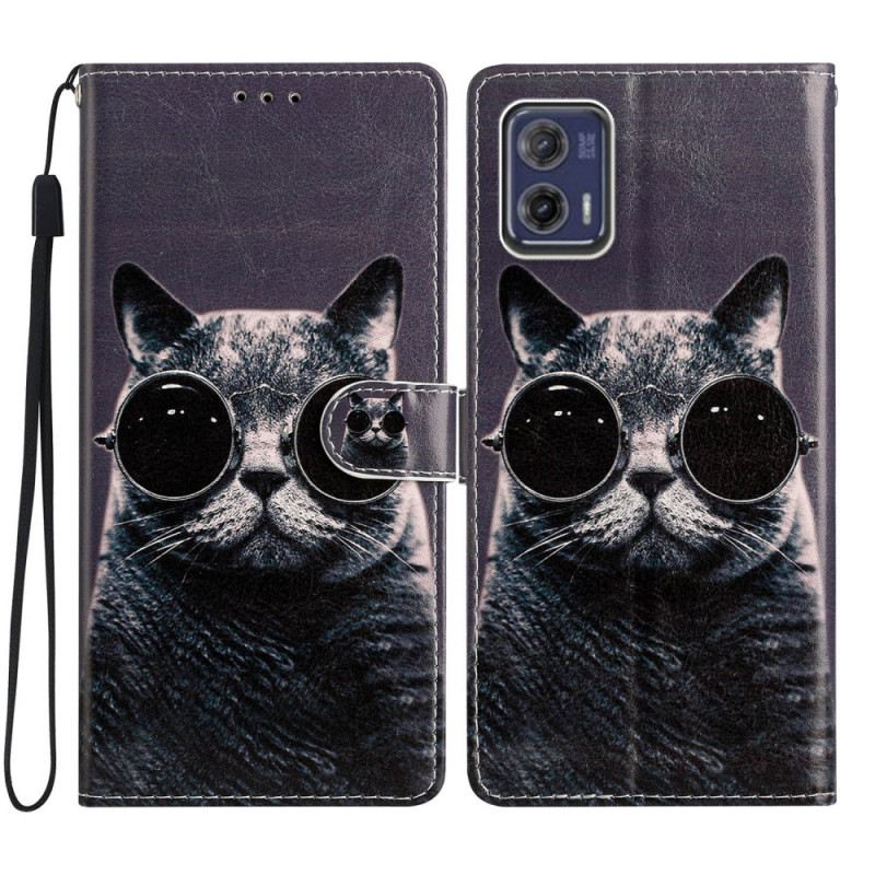 Fliptok Moto G73 5G szíjjal Pántos Szemüveg Cat