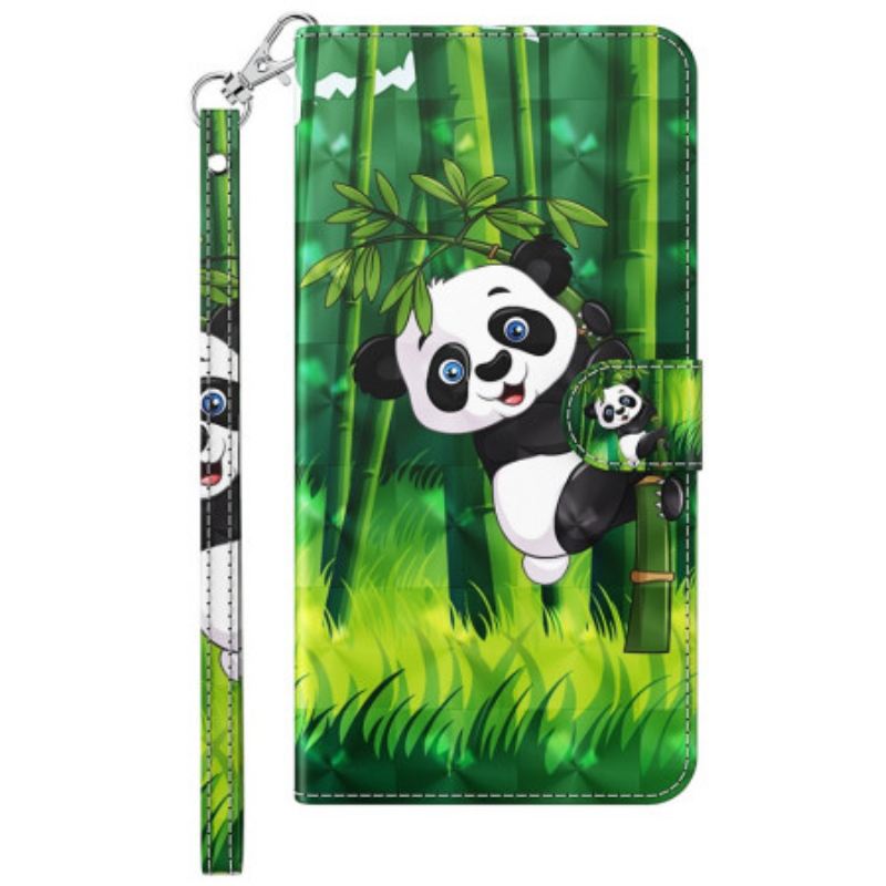 Kinyitható Tokok Moto G73 5G szíjjal Panda És Bambusz Nyakpánttal