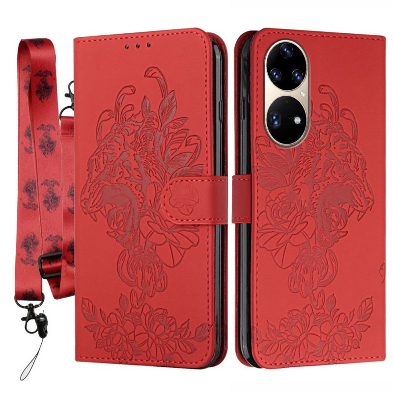 Fliptok Huawei P50 Pro szíjjal Barokk Pántos Tigris