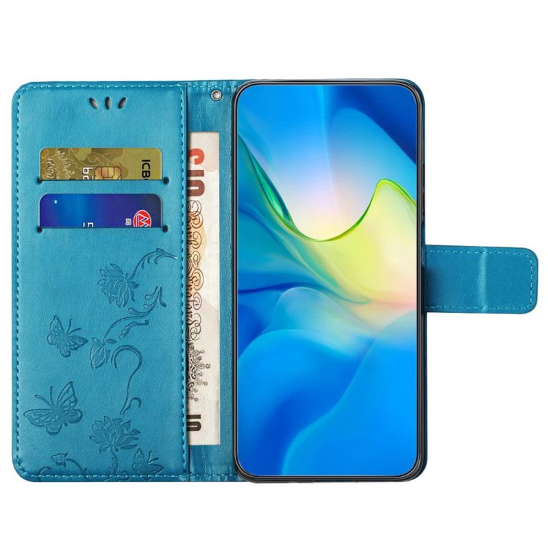 Fliptok / Bőrtok Xiaomi Redmi Note 12 4G szíjjal Virágok És Pillangók Pánttal