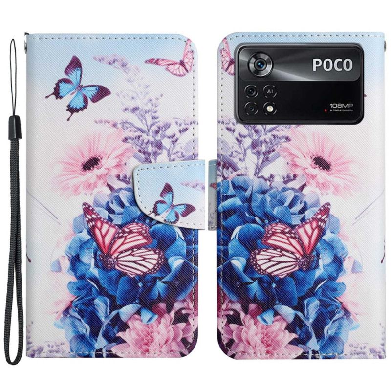 Fliptok / Bőrtok Poco X4 Pro 5G szíjjal Strappy Floral Fantasy