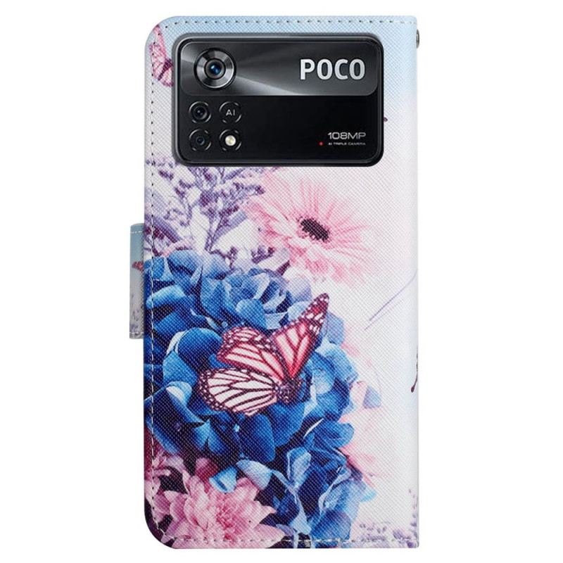 Fliptok / Bőrtok Poco X4 Pro 5G szíjjal Strappy Floral Fantasy