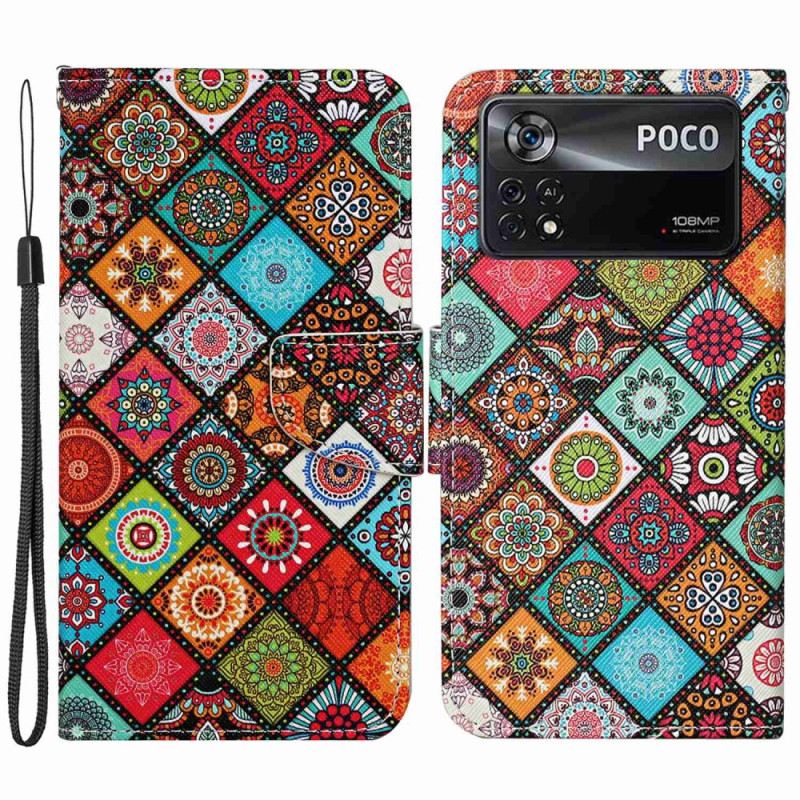 Fliptok / Bőrtok Poco X4 Pro 5G szíjjal Strappy Patchwork