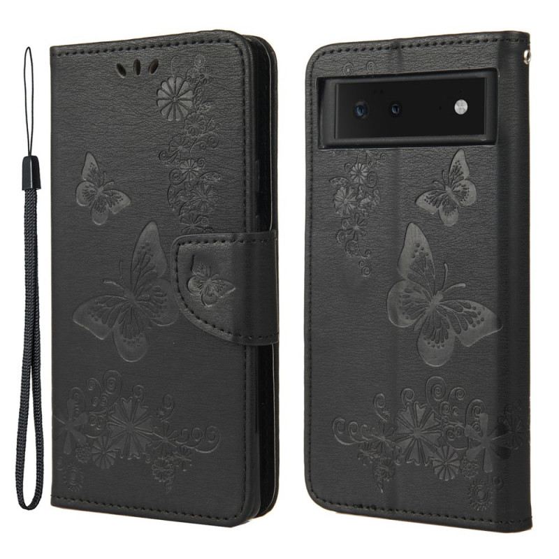 Fliptok / Bőrtok Google Pixel 6 szíjjal Splendid Strap Butterflies