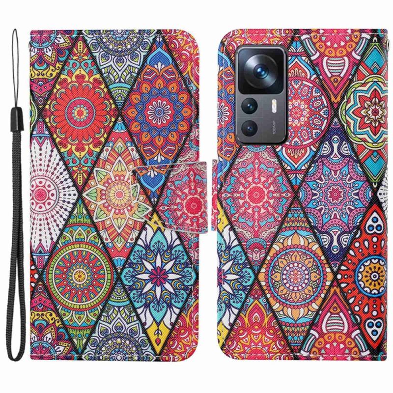 Fliptok / Bőrtok Xiaomi 12T / 12T Pro Patchwork Zsinórral