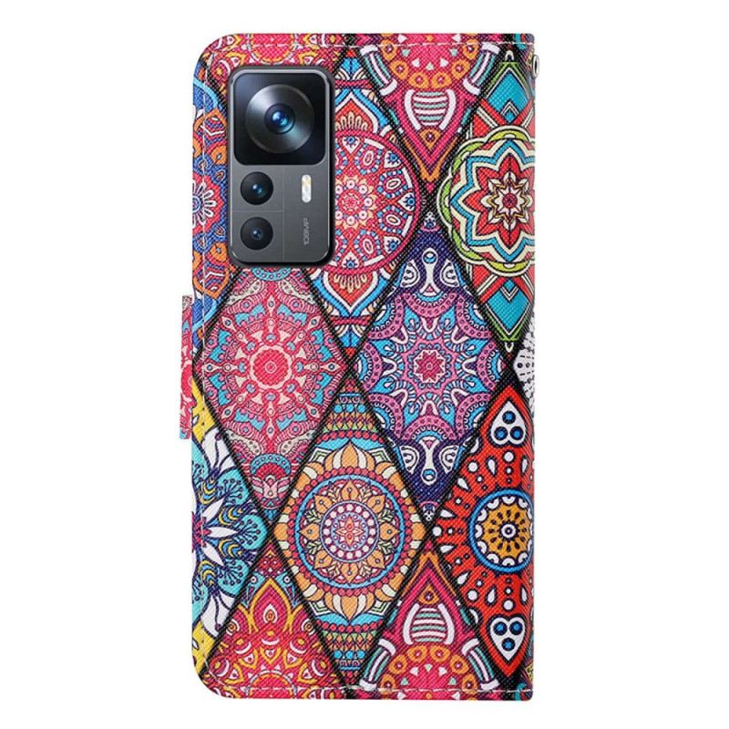 Fliptok / Bőrtok Xiaomi 12T / 12T Pro Patchwork Zsinórral