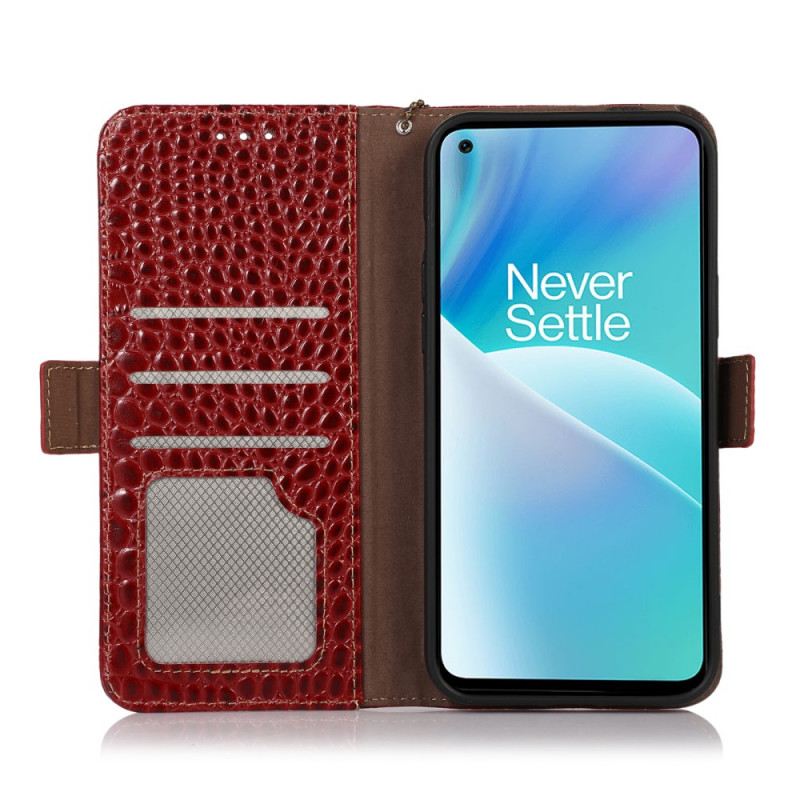 Fliptok / Bőrtok OnePlus Nord 2T 5G Rfid Krokodil Stílusú Valódi Bőr