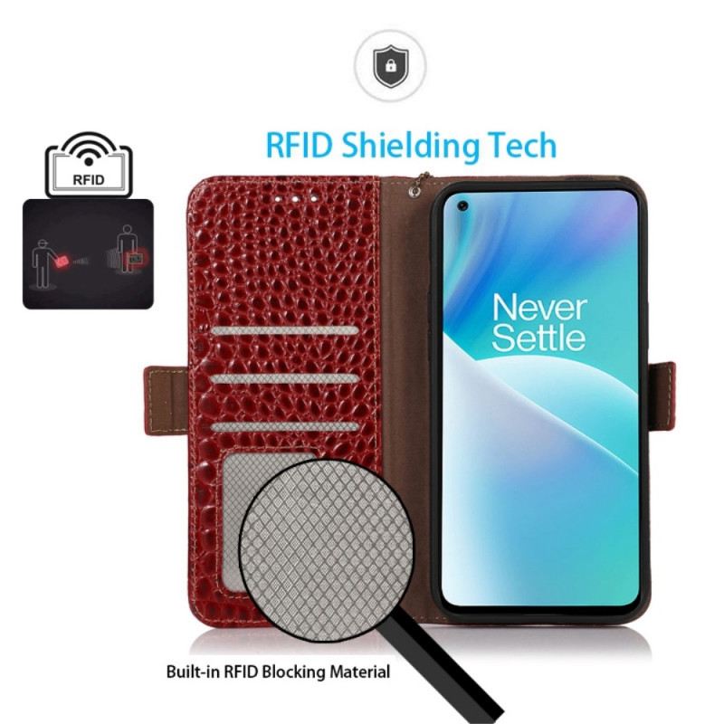 Fliptok / Bőrtok OnePlus Nord 2T 5G Rfid Krokodil Stílusú Valódi Bőr