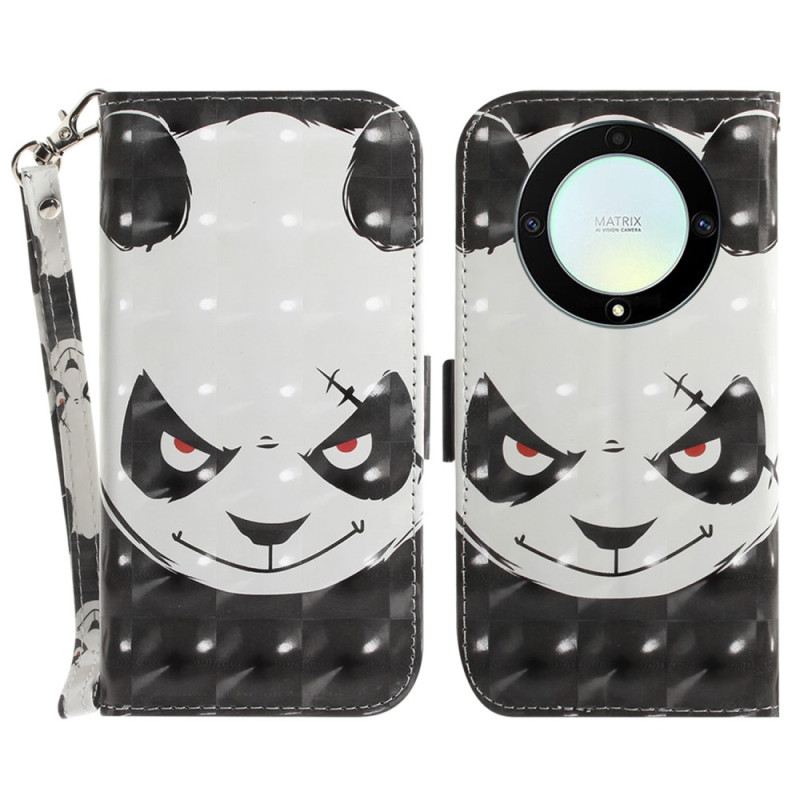 Fliptok / Bőrtok Honor Magic 5 Lite szíjjal Dühös Panda Zsinórral