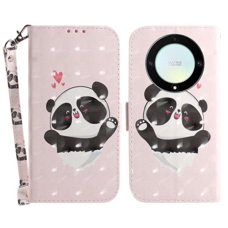 Fliptok / Bőrtok Honor Magic 5 Lite szíjjal Panda Love With Lanyard