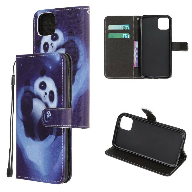 Fliptok / Bőrtok iPhone 12 Mini szíjjal Panda Space Kötéllel