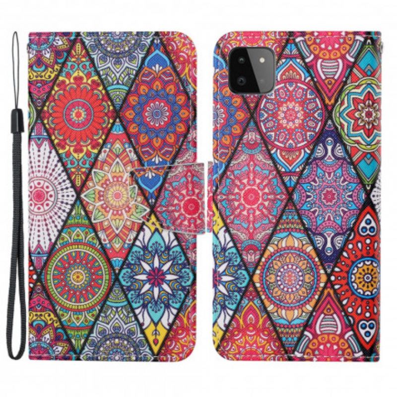 Fliptok / Bőrtok Samsung Galaxy A22 5G Patchwork Zsinórral