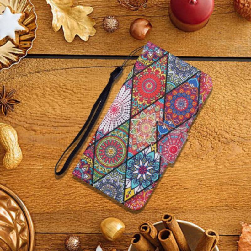 Fliptok / Bőrtok Samsung Galaxy A22 5G Patchwork Zsinórral