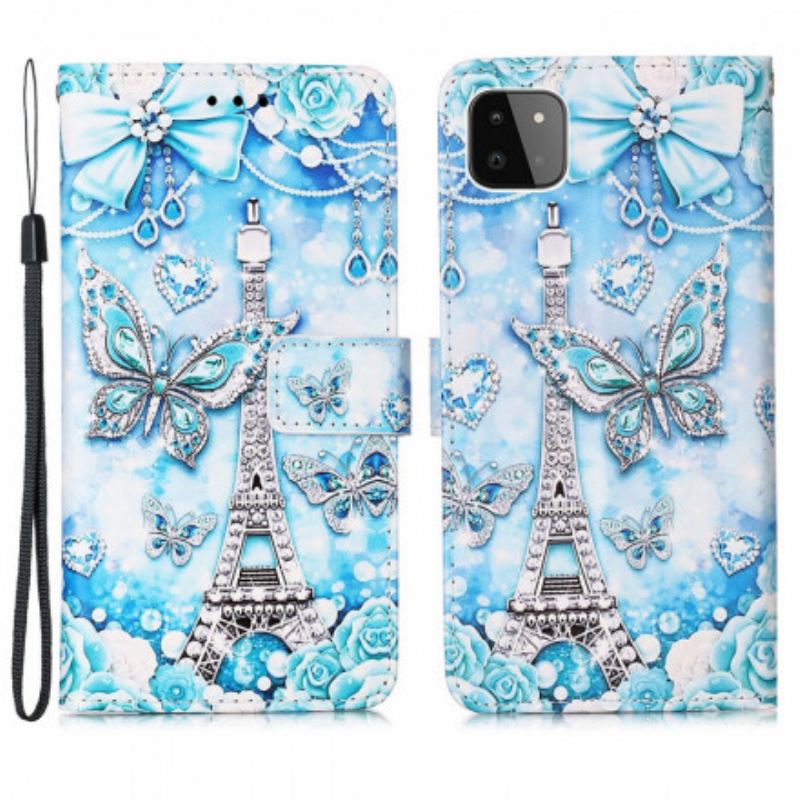 Fliptok / Bőrtok Samsung Galaxy A22 5G szíjjal Eiffel-torony Pillangószíj