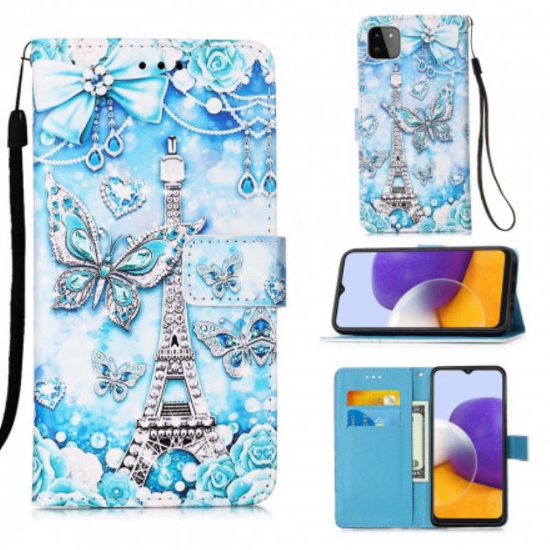 Fliptok / Bőrtok Samsung Galaxy A22 5G szíjjal Eiffel-torony Pillangószíj