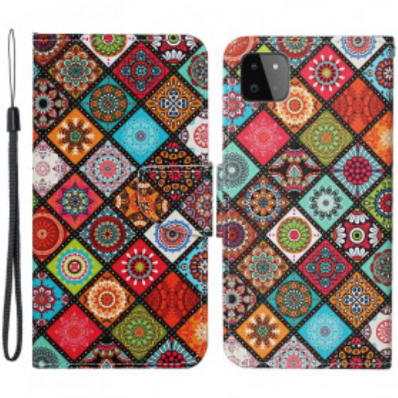 Fliptok Samsung Galaxy A22 5G Patchwork Mandalák Zsinórral