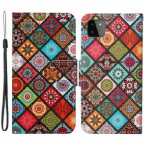 Fliptok Samsung Galaxy A22 5G Patchwork Mandalák Zsinórral