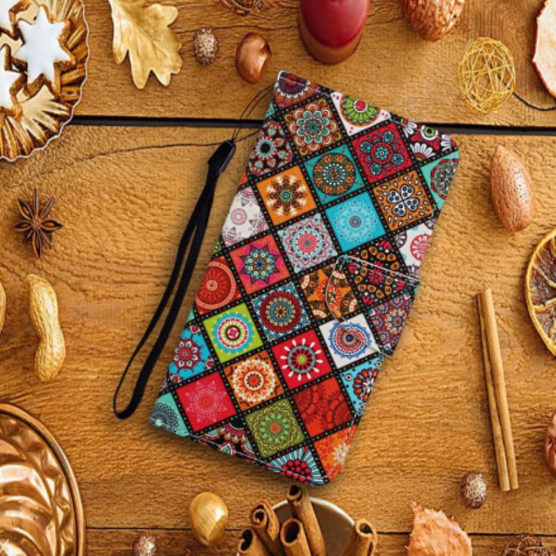 Fliptok Samsung Galaxy A22 5G Patchwork Mandalák Zsinórral