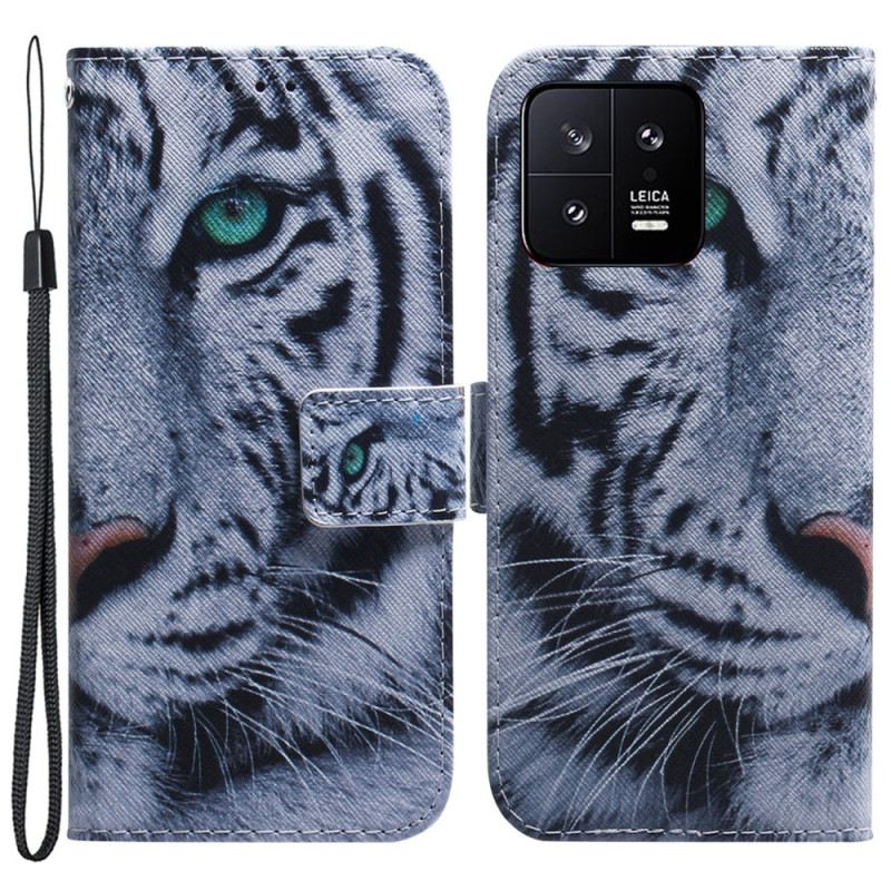 Kinyitható Tokok Xiaomi 13 szíjjal Pántos Fehér Tigris