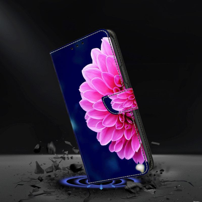 Bőrtok Xiaomi 14 Pro Rózsaszín Virág Kék Alapon