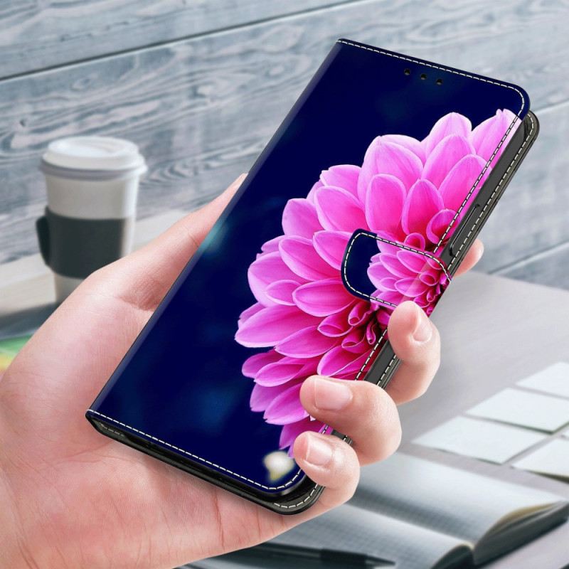 Bőrtok Xiaomi 14 Pro Rózsaszín Virág Kék Alapon