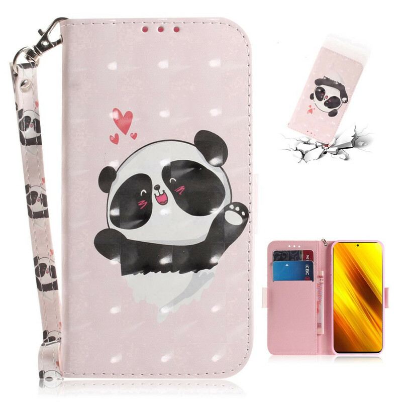 Fliptok / Bőrtok Poco X3 / X3 Pro / X3 NFC szíjjal Panda Love With Lanyard