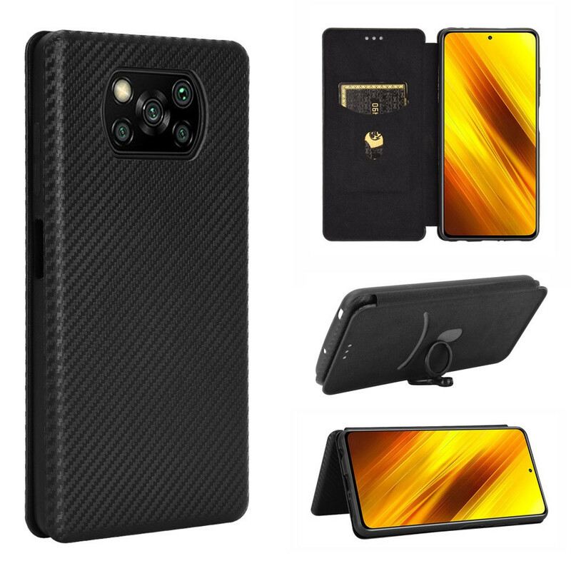 Fliptok Poco X3 / X3 Pro / X3 NFC Bőrtok Szénszálas Támasztógyűrűvel