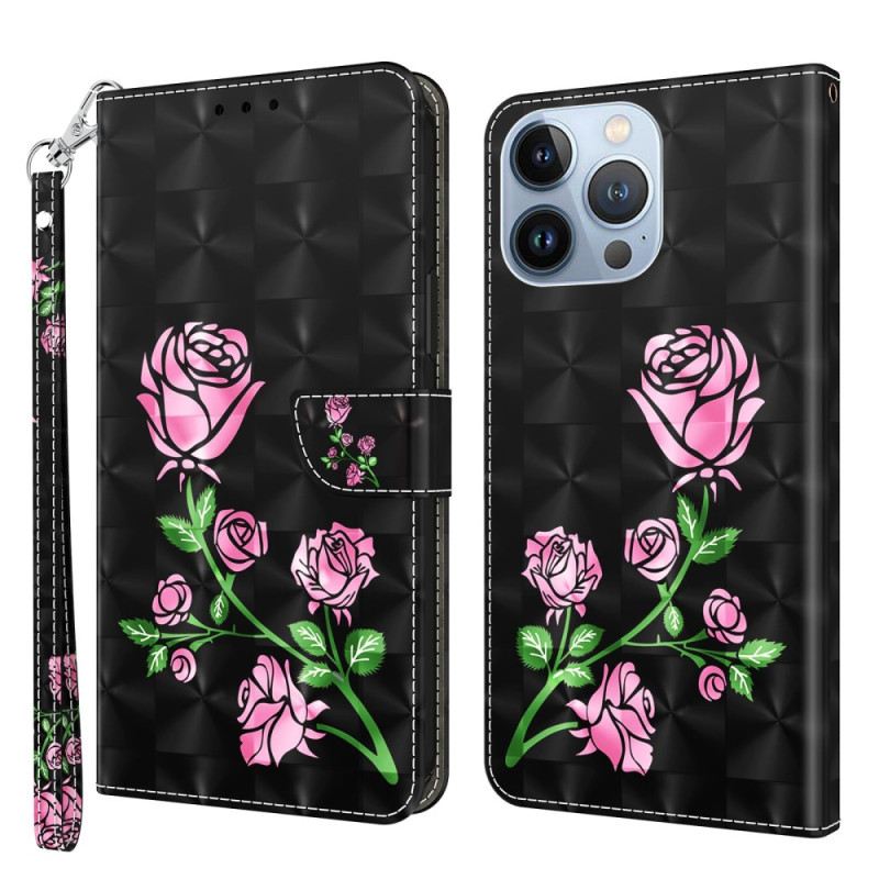 Fliptok / Bőrtok iPhone 14 szíjjal Strap Roses