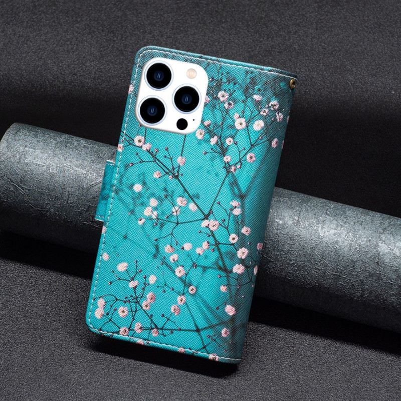 Bőrtok iPhone 16 Pro Max Plum Blossom Pénztárca Szíjjal