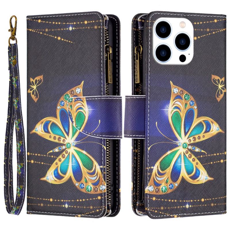 Kinyitható Bőrtok iPhone 16 Pro Max Rhinestone Butterflies Pénztárca