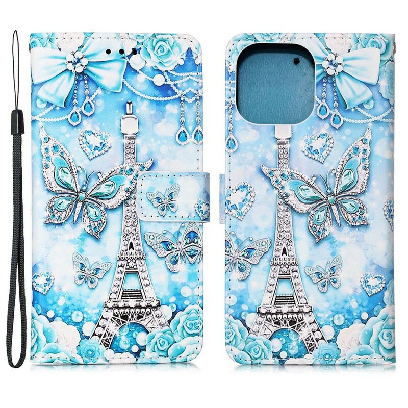 Fliptok / Bőrtok iPhone 13 Mini szíjjal Eiffel-torony Pillangószíj